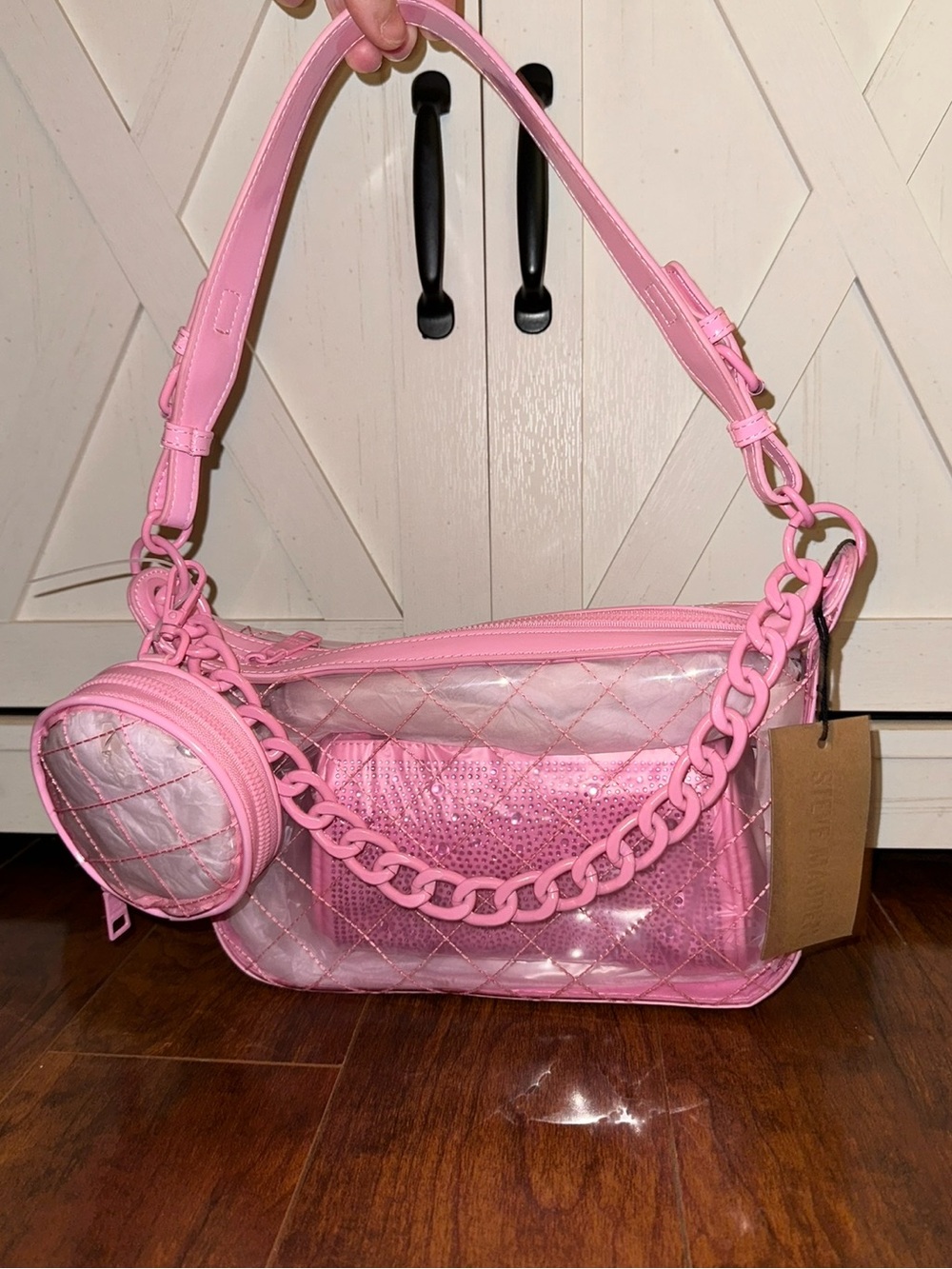 Steve Madden Pink Clear Quilted Shoulder Bag with Chain and Pouch